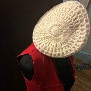 White Lux Cream Crocheted Beret Rabbit Angora LambsWool Beanie Hat from Italy